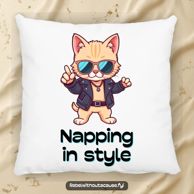 Funny throw pillow with a cool cat sporting sunglasses and a leather jacket, adding a touch of chic style to home decor.