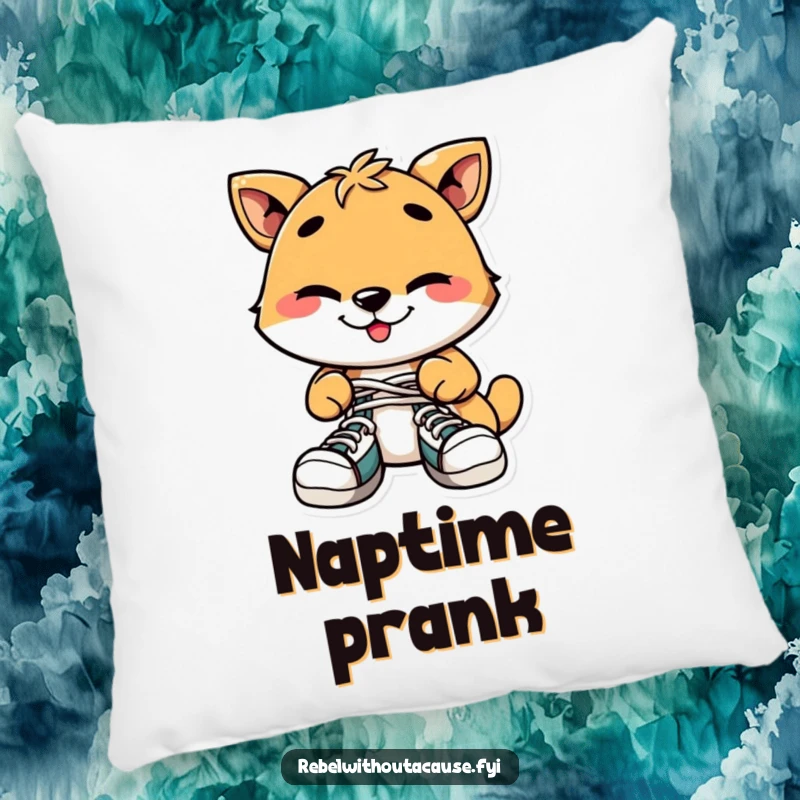 Funny Decorative Pillow: Playful Animal with Mischievous Grin Tying Shoelaces Together, Soft and Humorous Accent.