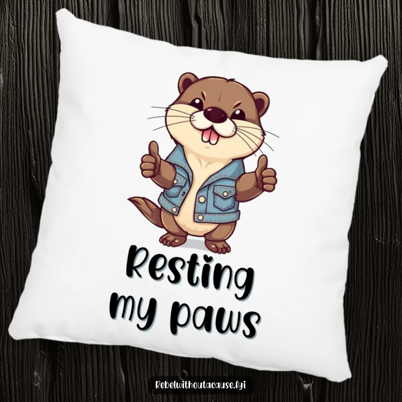 Soft, funny pillow showcasing a defiant otter in a ripped denim jacket giving a thumbs-down, offering comfort with a cool, rebellious vibe.