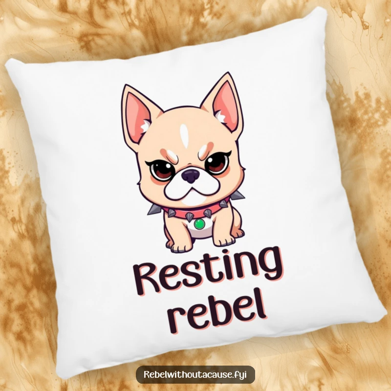 Funny throw pillow with a rebellious dog sporting a spiked collar and a determined look, adding a touch of tough character to home decor.