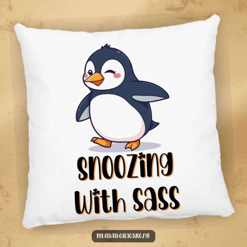 Funny determined penguin doing a smooth, sassy strut on a decorative pillow, adding flair.