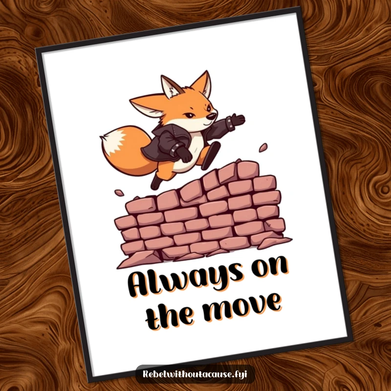 Funny digital art print of a fearless fox in a leather jacket heroically leaping over a crumbling brick wall.