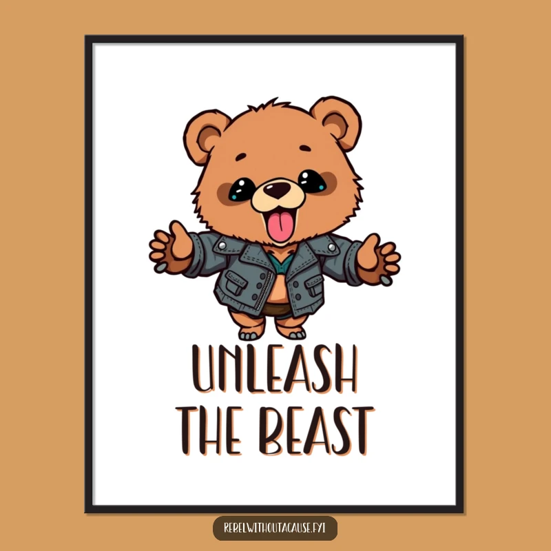 Funny Bear Cub Digital Art: Ripped Jacket Rebel, Instant Download & Funny Gift