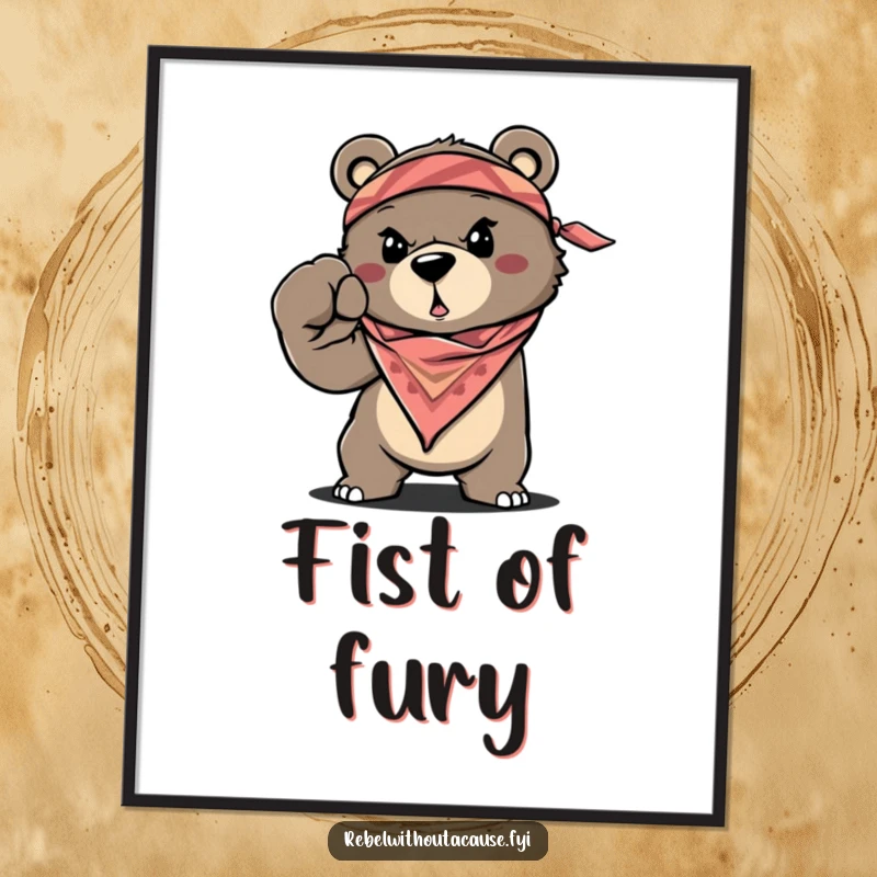 Funny Bear Digital Art Print of a determined, bandana-clad bear throwing a powerful fist, instant funny gift.