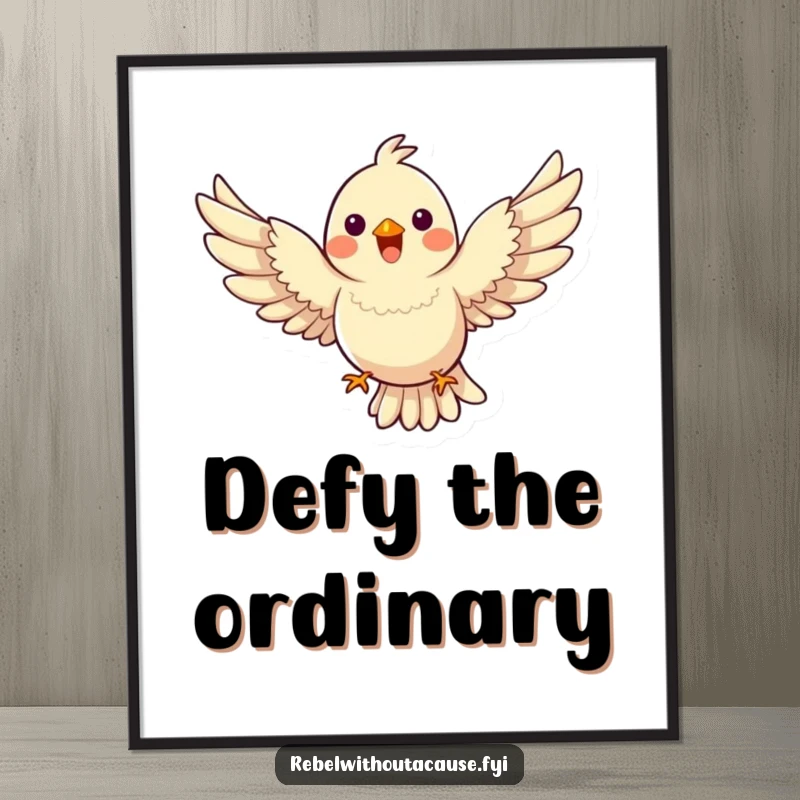 Funny Bird Digital Art Print of a happy bird flying with wings spread wide, defying gravity, instant funny gift.