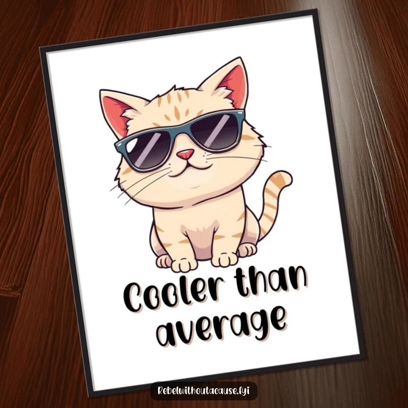 Funny cool cat sunglasses digital print showing a smirking cat in shades, ready to add instant cool and humor to any room.