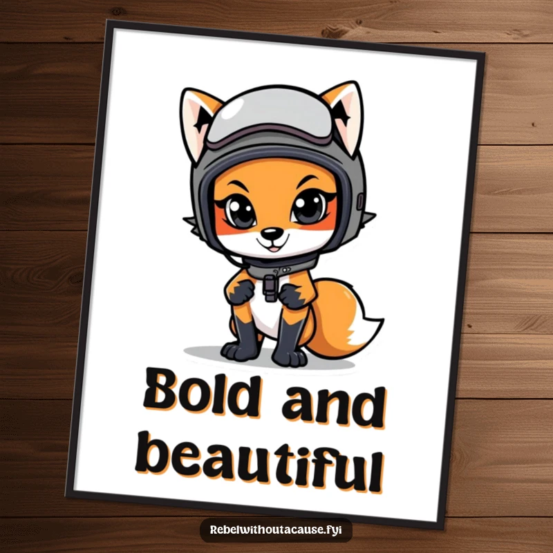 Funny digital art print of a cool fox in a motorcycle helmet, striking a confident pose, for instant wall decor.