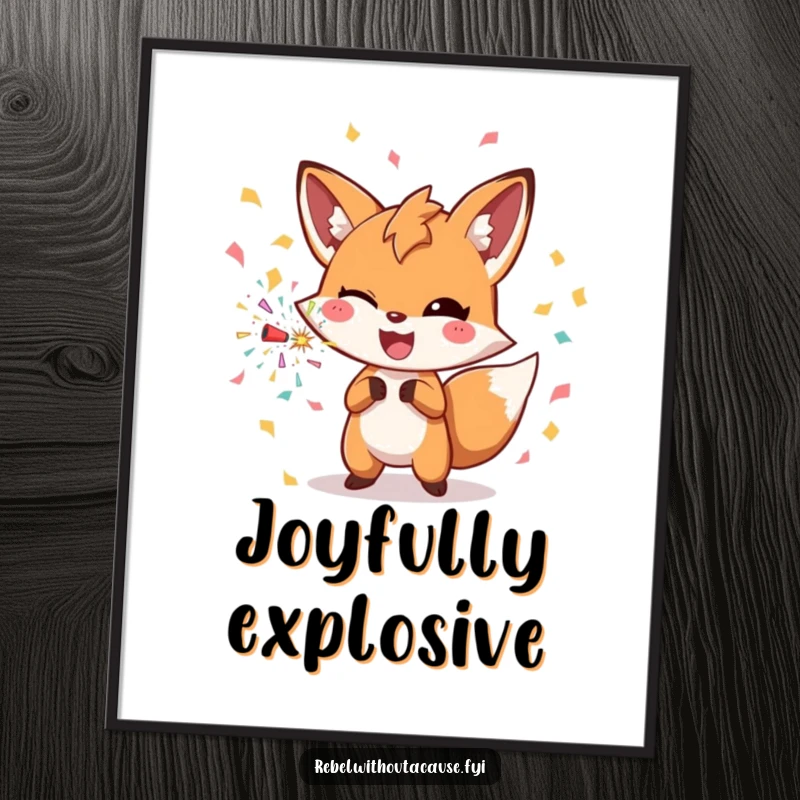 Funny winking fox throwing a confetti bomb on a digital art print, perfect for instant party decor.