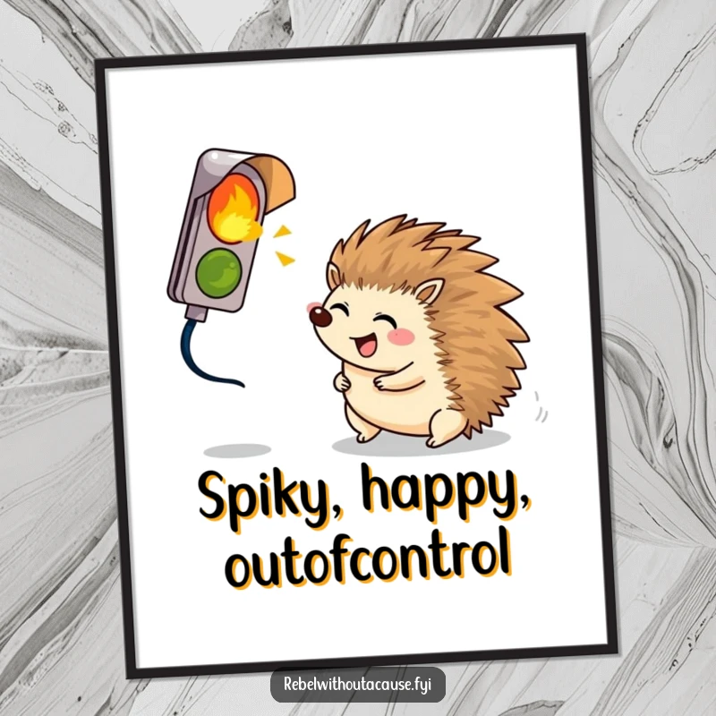 Funny giggling hedgehog rolling towards a broken signal light, available as a downloadable humorous digital art print.