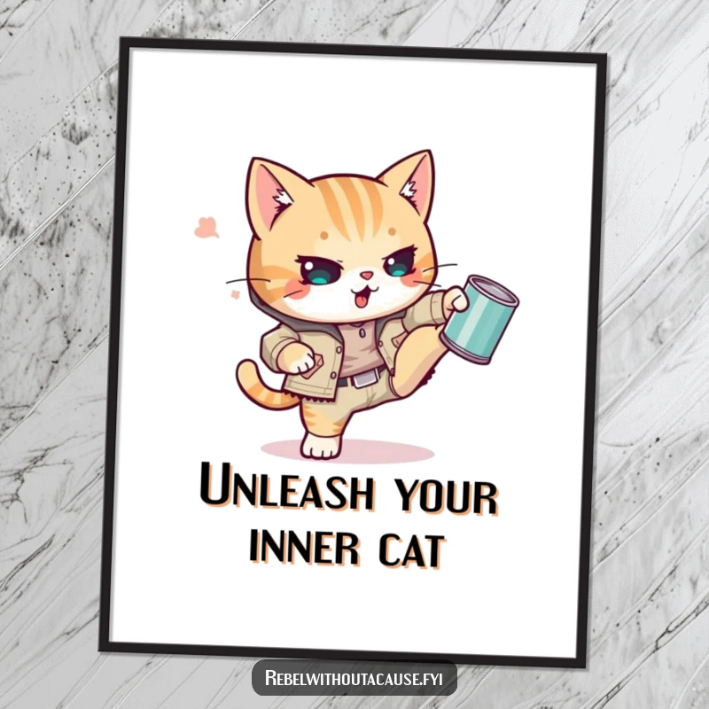 Funny Kawaii Cat Digital Art Print of a punk kitty in ripped clothing, defiantly kicking a tin can with captivating, rebellious energy.