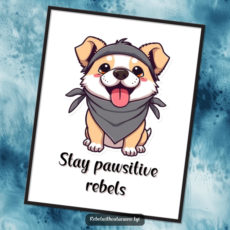 Funny Kawaii Dog Digital Art Print of a rebellious pup in a bandana, sticking its tongue out with a cute and playful expression.