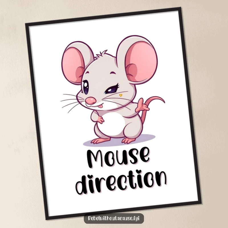 Funny Mouse Digital Art Print: A kawaii mouse with a determined glint points forward, ready to be printed and displayed for inspiration.