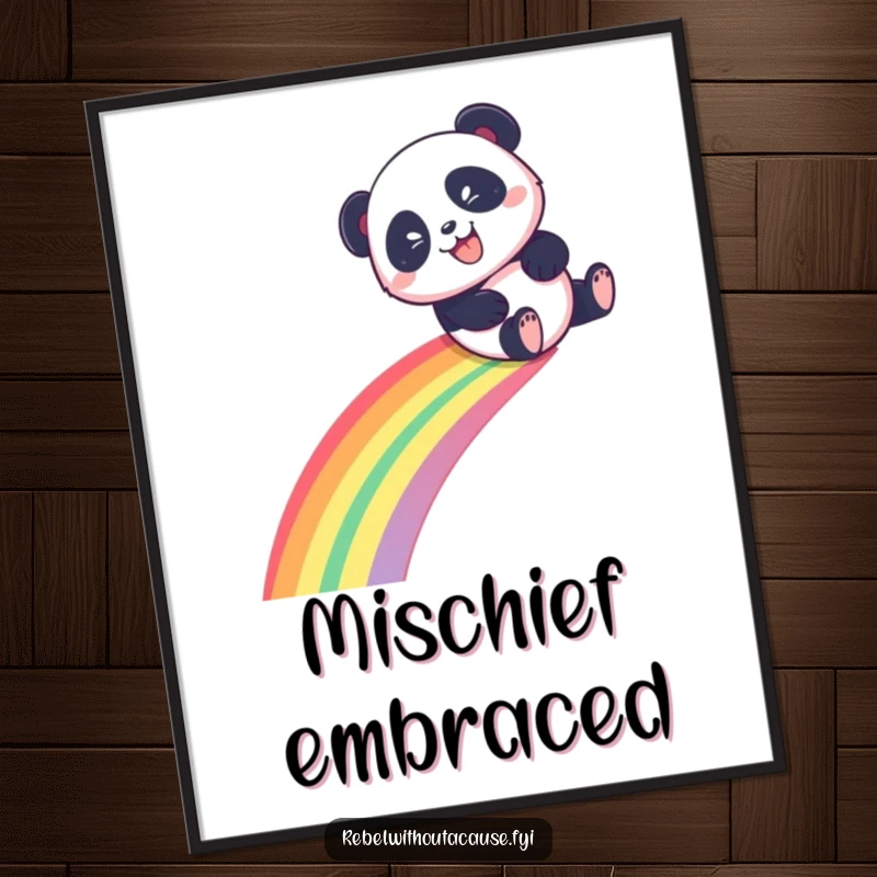 Funny Panda Digital Art Print of a playful panda sliding down a rainbow with a mischievous grin, instant funny gift.