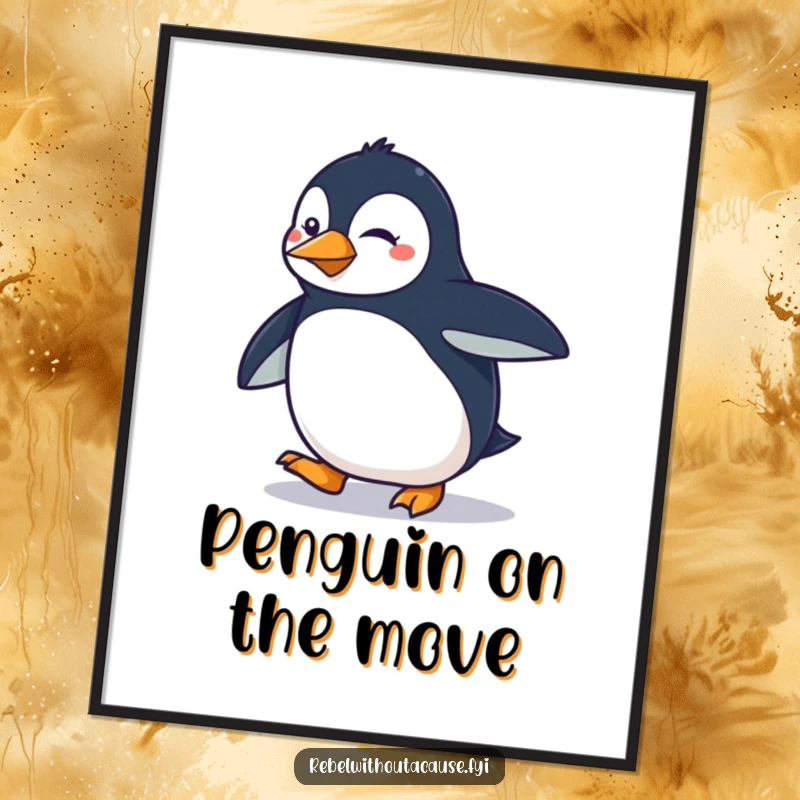 Funny determined penguin doing a smooth, sassy strut as digital art, inspiring and bold.