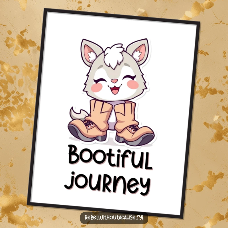 Funny Digital Art Print: Delighted Animal Character with Proud Smirk, Wearing Oversized Tattered Boots, Capturing Adventure and Humor.