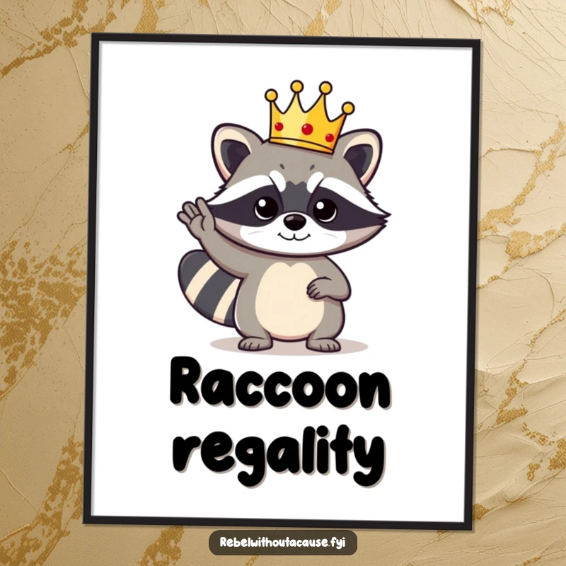 Funny Raccoon King Digital Art Print: A bold raccoon character wearing a tiny crown gives a cool salute, ready for display.