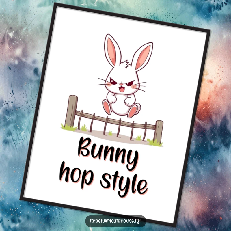 Funny Bunny Digital Art Print of a rebellious bunny determinedly jumping over a fence, a humorous motivational piece.