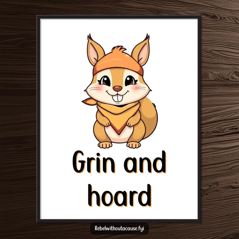 Funny digital art print of a mischievous squirrel wearing a bandana and a cheeky grin, exuding playful charm and fun.