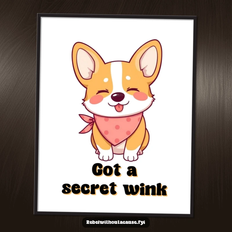 Funny digital art print of a mischievous corgi wearing a bandana and giving a playful wink.