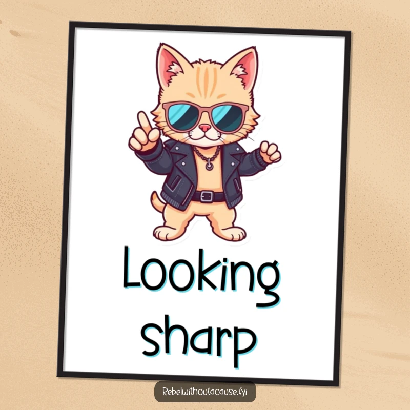 Funny digital art print of a cool cat wearing sunglasses and a leather jacket, exuding effortless cool and confidence.