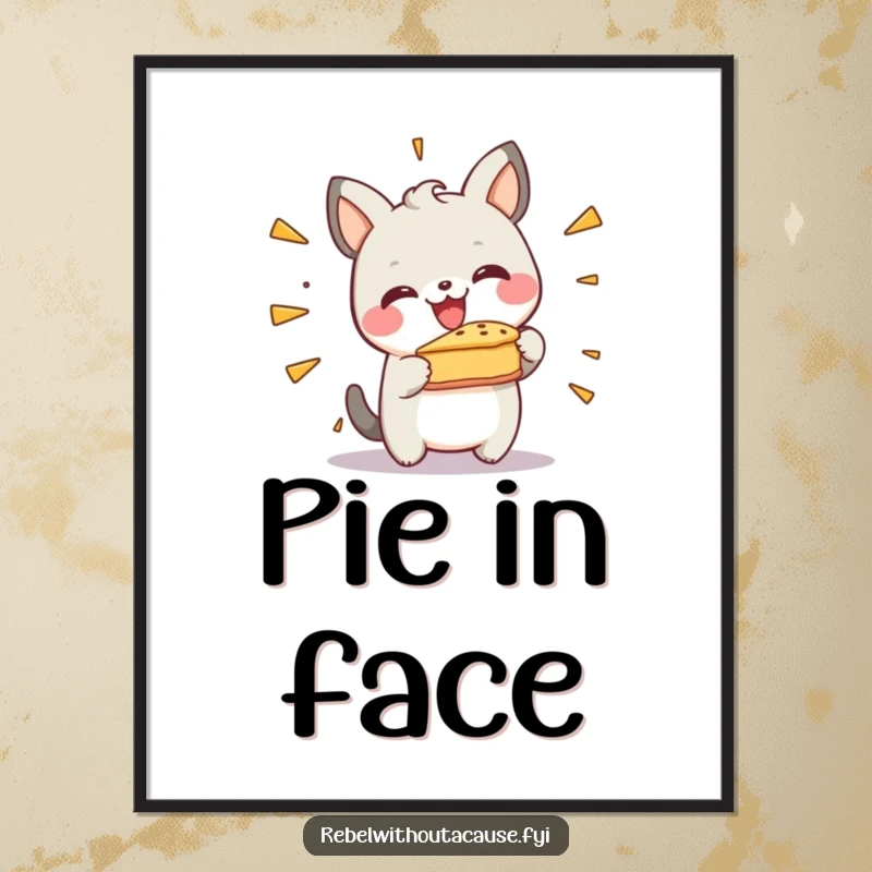 Funny Digital Art Print: Happy Animal Character Smashing a Pie Against a Wall, Capturing Joyful Messiness and Humor.