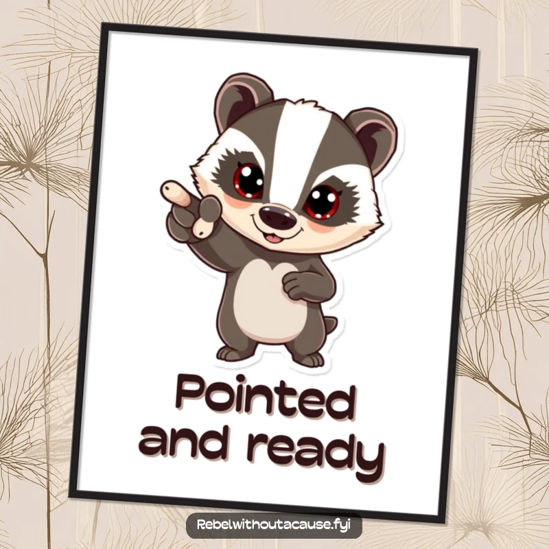 Funny bold badger digital art print of a determined badger pointing forward with a confident expression, ready to inspire.