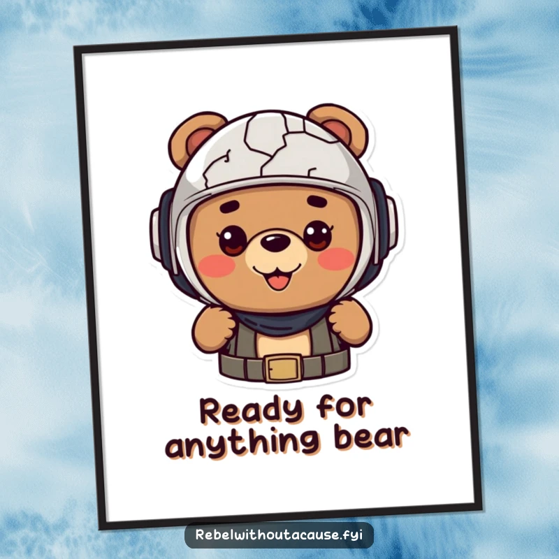 Funny digital art print of a cheerful bear character wearing a cracked helmet, radiating optimism for instant decor.