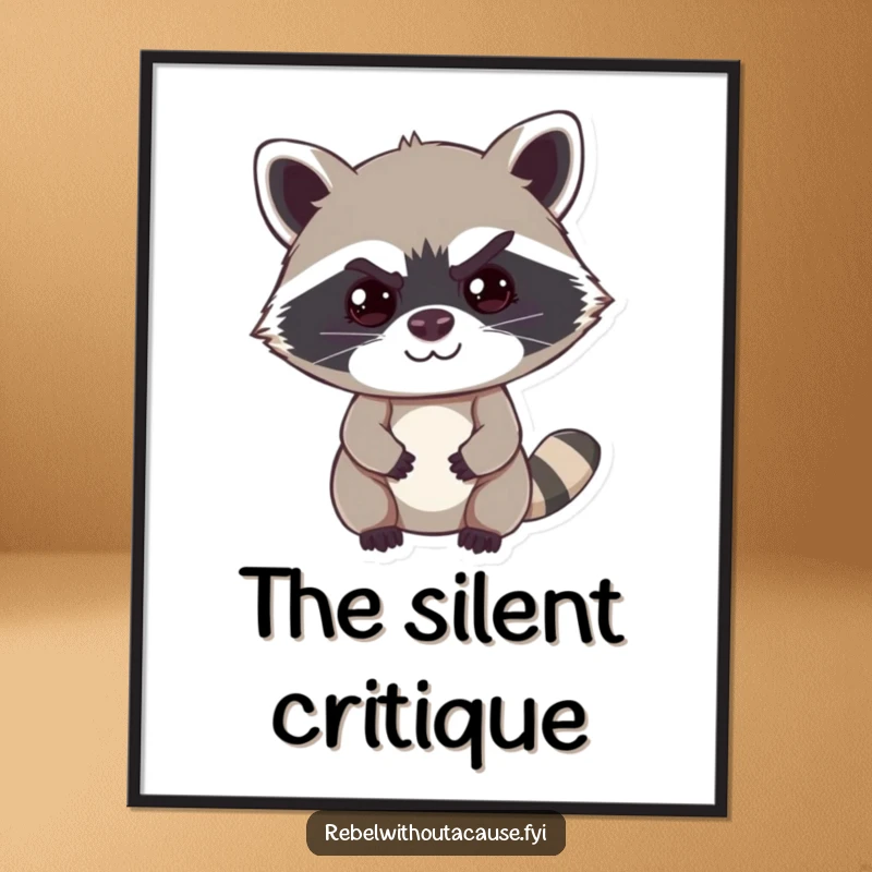 Funny raccoon digital art print of a cheeky raccoon with a mischievous smirk and a raised eyebrow, ready for instant download.