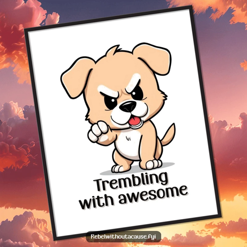 Funny digital art print of a defiant puppy character stomping its foot, causing a small, humorous tremor.