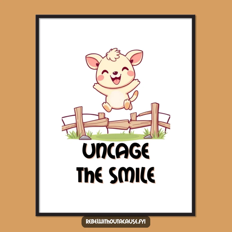 Funny Cheerful Animal Jumping Fence Digital Art, Joyful Decor Funny Gift