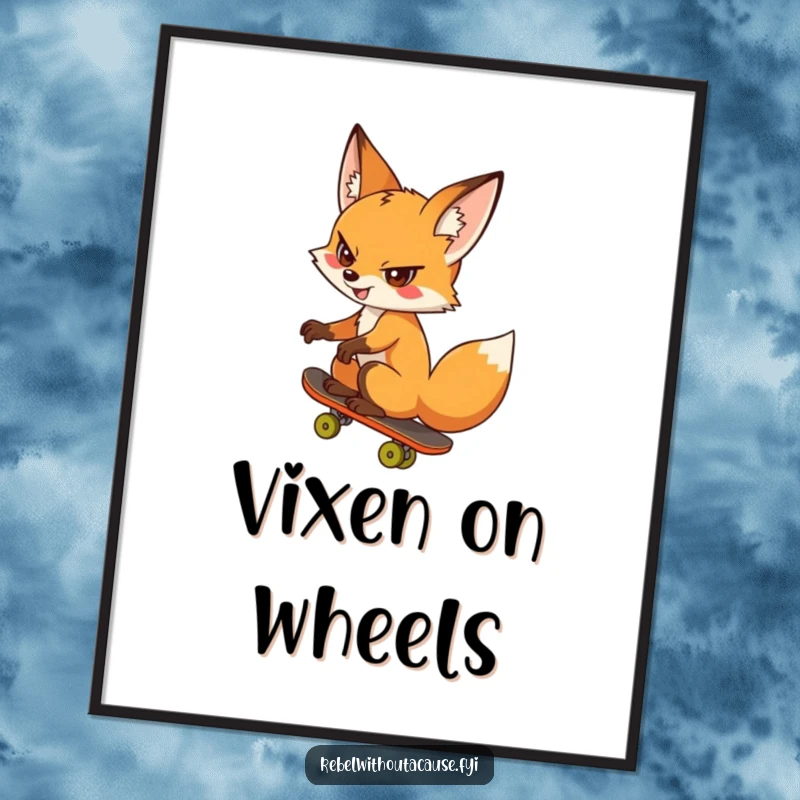 Funny fox digital art print of a cheeky fox skateboarding backwards, perfect for adding instant rebellious cool to any room.