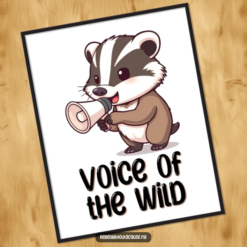 Funny determined badger megaphone digital print showing a badger gripping a megaphone, ready to shout, perfect for adding a bold and motivational touch.