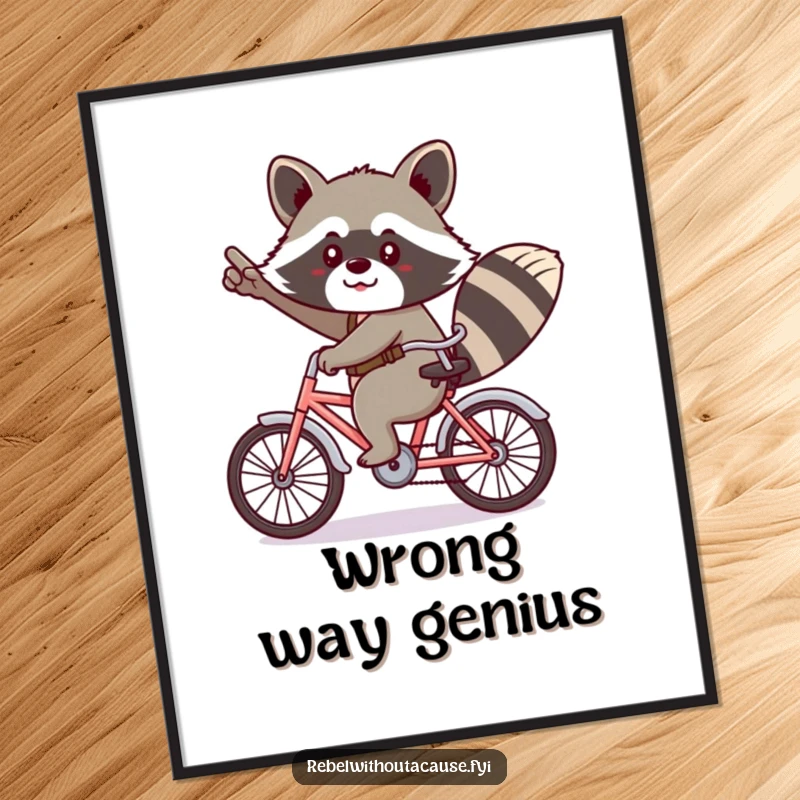 Funny kawaii raccoon giving a cheeky salute, riding a tiny bicycle backwards in digital art.