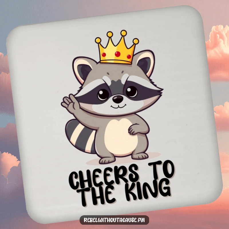 Funny Raccoon King Coasters: A bold raccoon character wearing a tiny crown gives a cool salute, humorously protecting surfaces.
