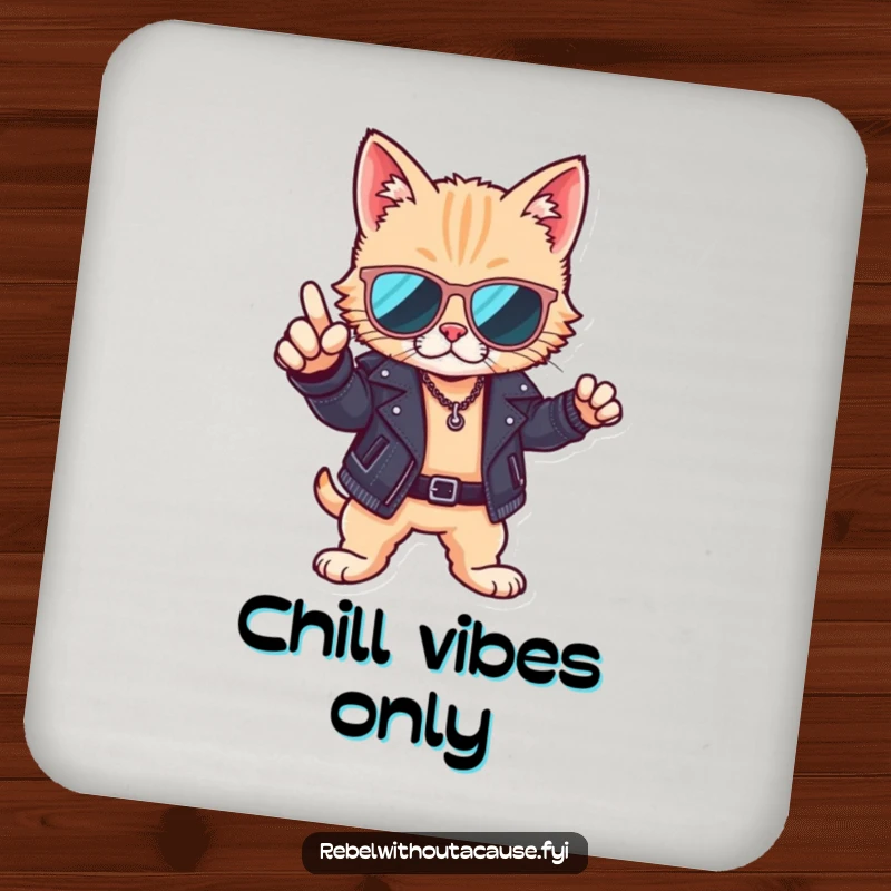 Funny drink coaster featuring a cool cat in sunglasses and a leather jacket, protecting surfaces with a suave demeanor.