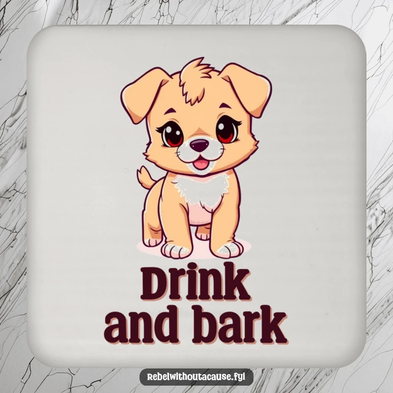 Funny puppy drink coaster featuring a playful puppy with a confident stride, protecting your table with joy, a quirky funny gift.