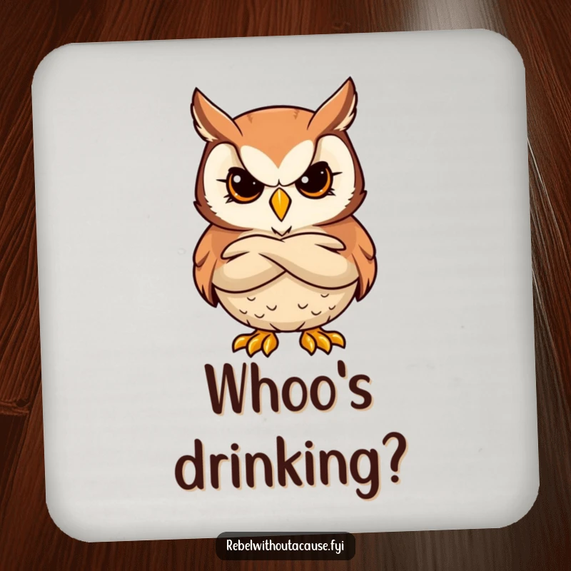 Funny drink coaster featuring a stern and cool owl character with arms crossed, looking wise.