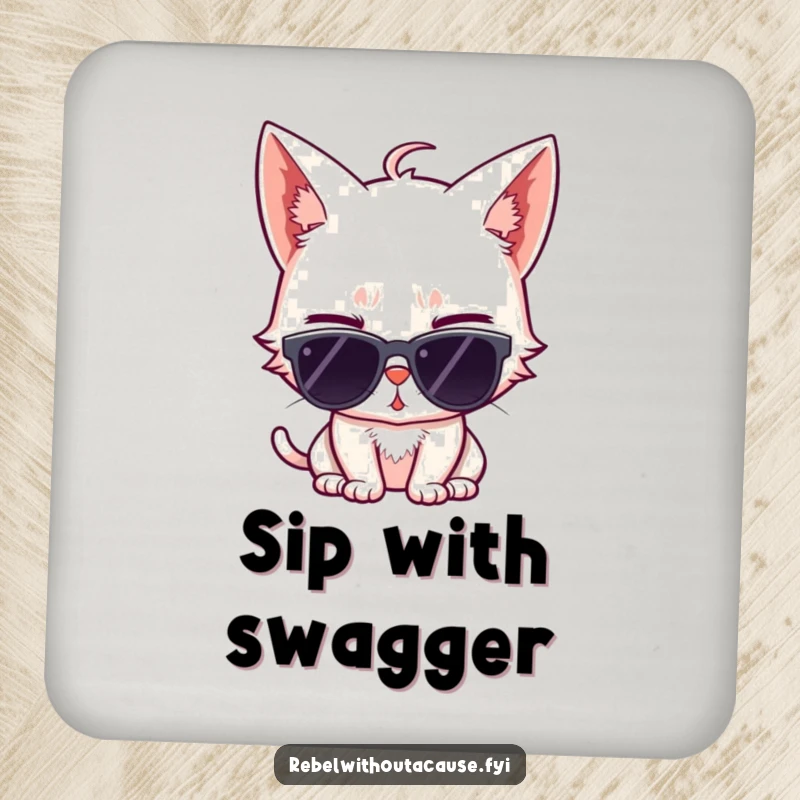 Funny drink coaster showcasing a sassy cat wearing sunglasses and giving a wink, protecting surfaces with feline humor and style.