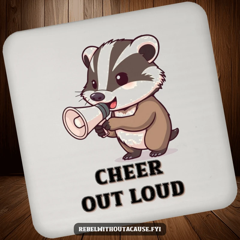 Funny determined badger megaphone coasters featuring a badger gripping a megaphone, ready to shout, adding a bold and humorous touch to tables.
