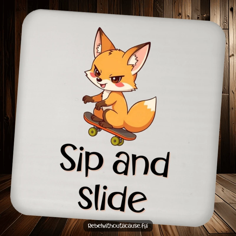 Funny fox drink coaster featuring a cheeky fox skateboarding backwards, protecting your table with attitude, a quirky funny gift.