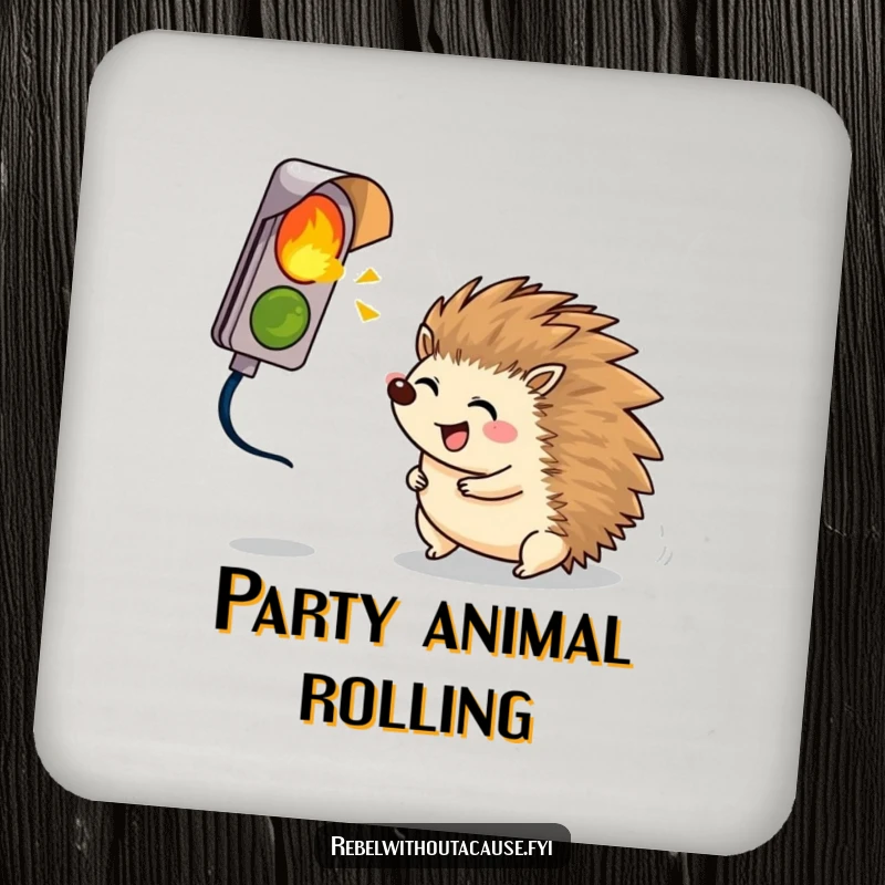 Funny giggling hedgehog rolling towards a broken signal light, printed on a protective and humorous drink coaster.