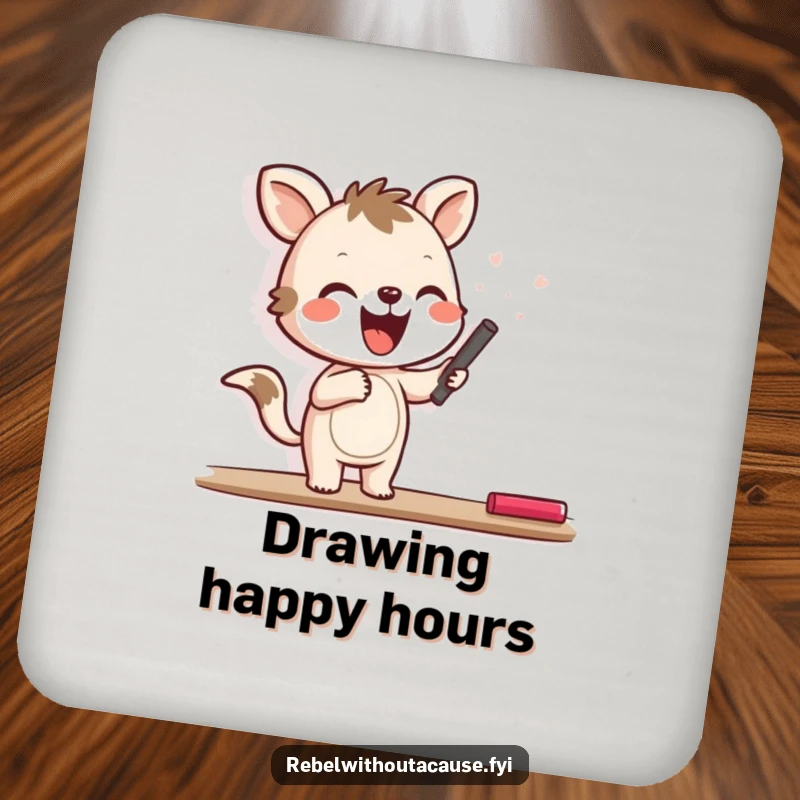 Funny drink coaster with a joyful animal character happily scrawling with chalk on a blank wall, offering artful protection.