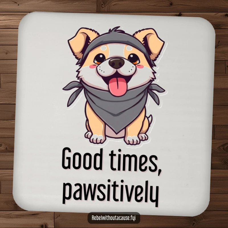 Funny Kawaii Dog Coaster with a cute, rebellious pup wearing a bandana and sticking its tongue out, adding charm to surfaces.