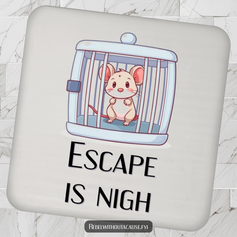 Funny curious mouse peeking out from an open, empty cage, printed on a protective drink coaster.