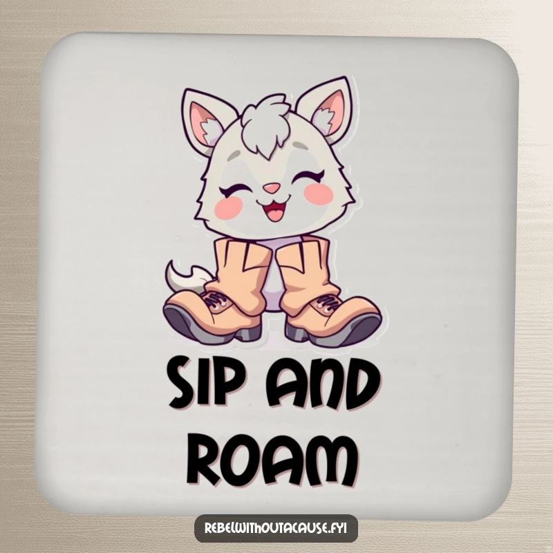 Funny Drink Coasters: Delighted Animal Character with Proud Smirk, Wearing Oversized Tattered Boots, Protecting Surfaces Humorously.