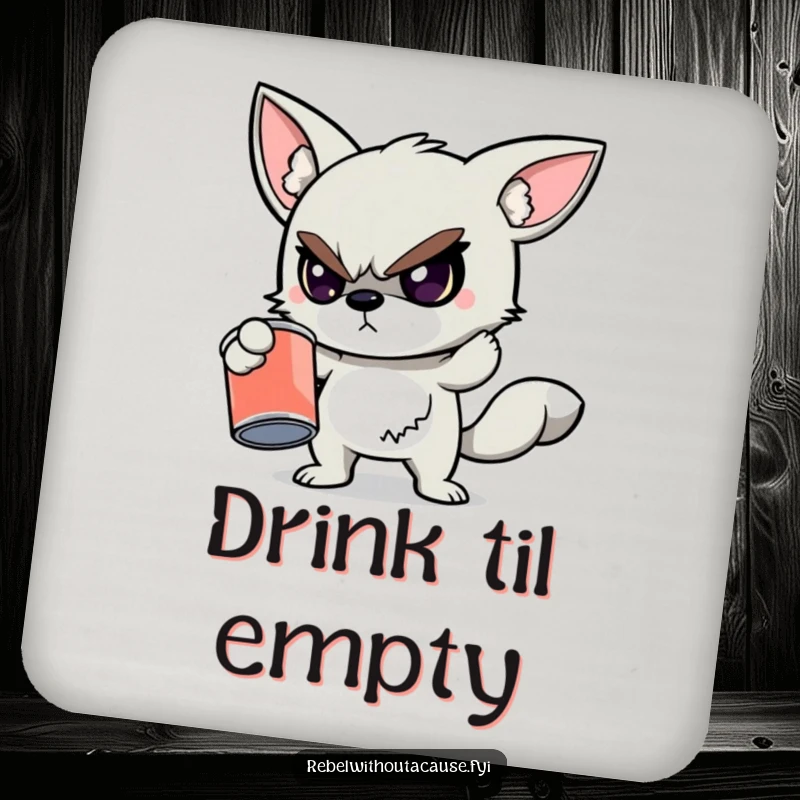 Funny drink coaster featuring a defiant animal character holding a cracked, empty paint can, adding a rebellious touch and humor to tabletops.