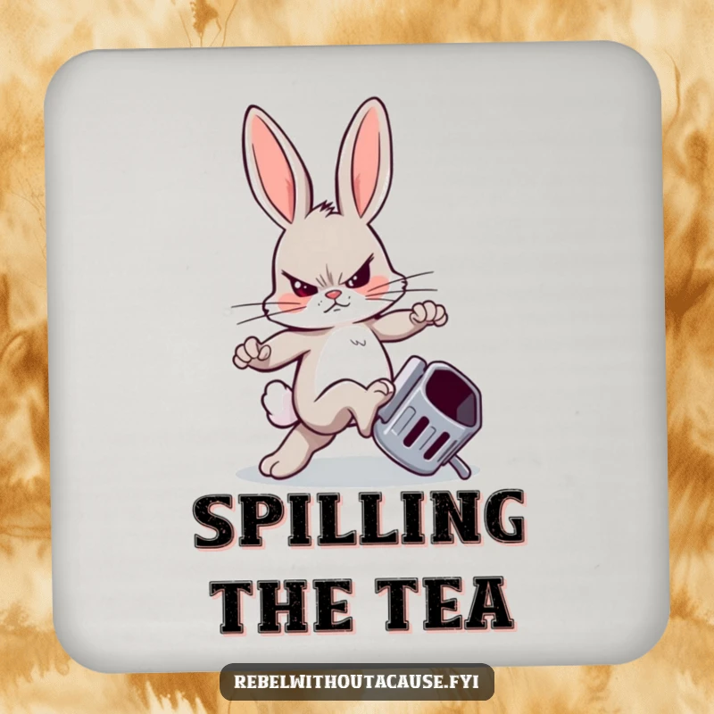 Funny coasters showcasing a rebellious bunny kicking a trash can, protecting furniture with humorous defiance.