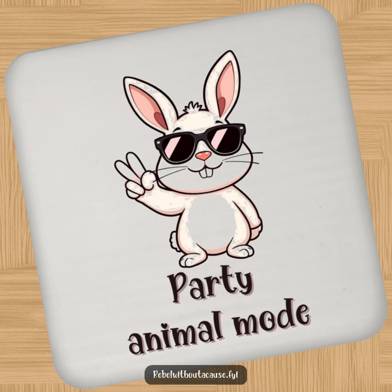 Funny drink coaster featuring a rebellious bunny in sunglasses, smirking and giving a peace sign, protecting your furniture.