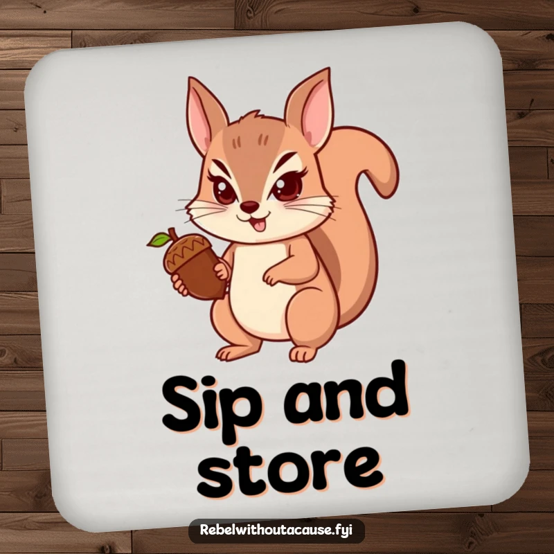 Funny squirrel drink coaster featuring a spunky squirrel determinedly holding an acorn, protecting your table with focus, a quirky funny gift.
