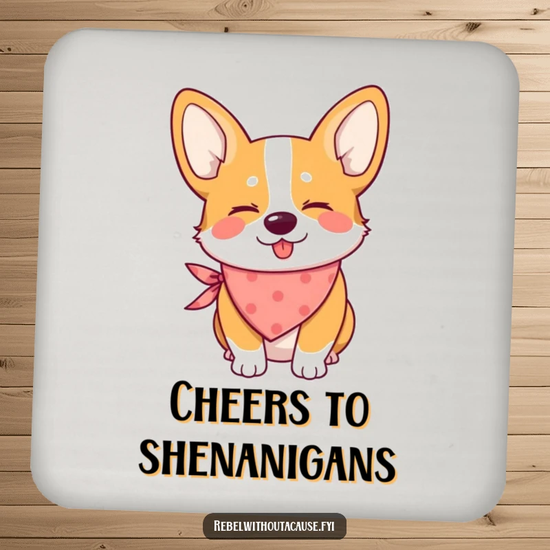 Funny drink coaster featuring a mischievous corgi with a bandana, giving a wink, ideal for protecting surfaces.